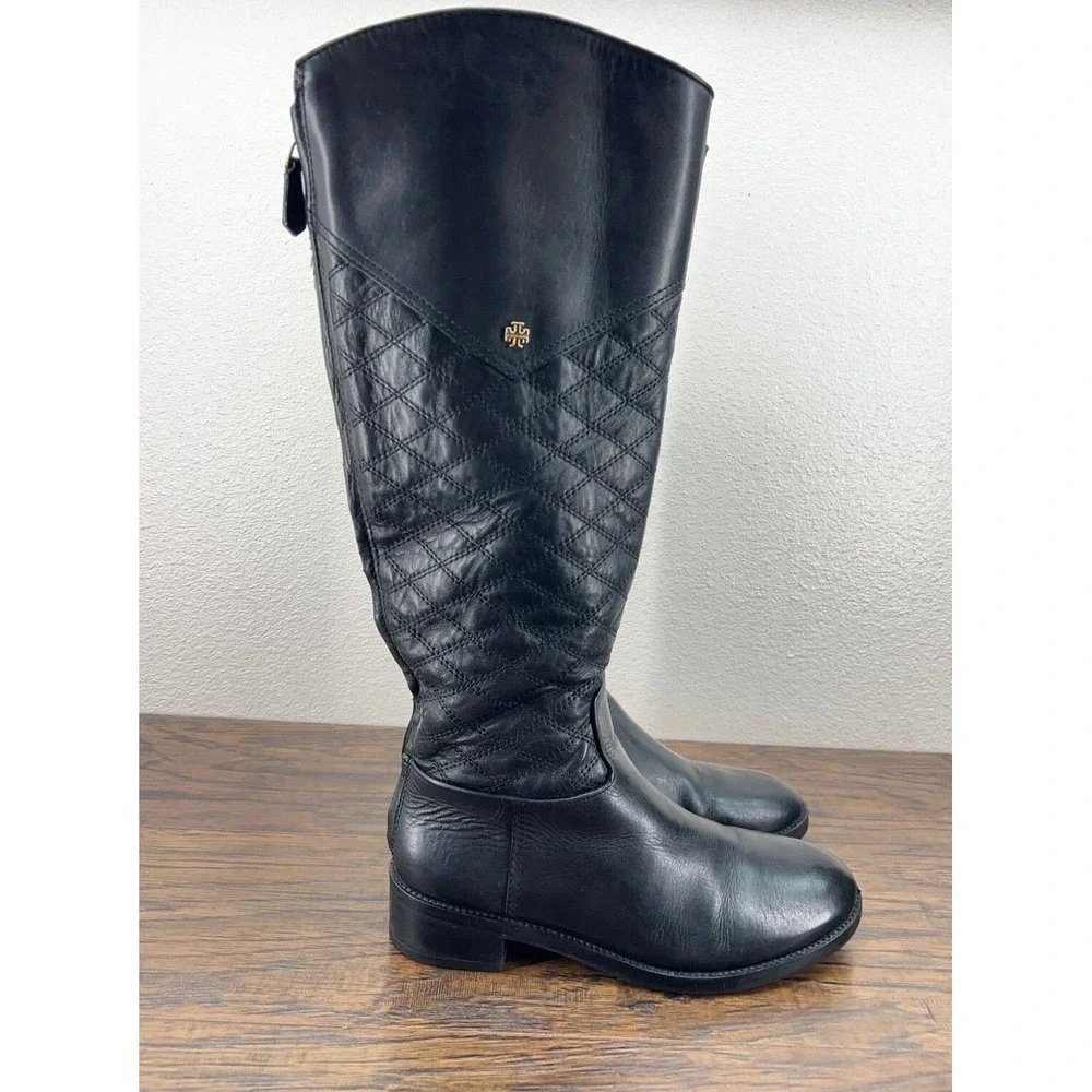 Tory Burch Women's 7.5M Claremont Quilted Black Leather Tall‎ Riding Boots